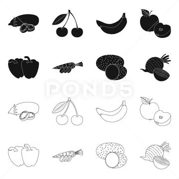 Isolated object of vegetable and fruit sign. Collection of vegetable and Stock Illustration