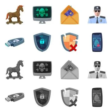 Isolated object of virus and secure icon. Collection of virus and cyber stock Stock Illustration