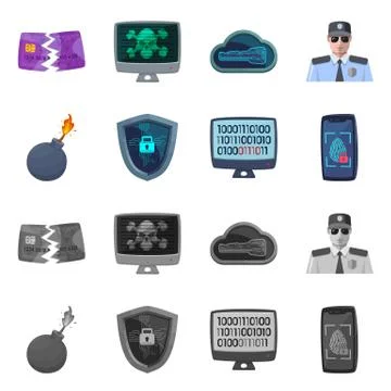 Isolated object of virus and secure icon. Collection of virus and cyber vector Stock Illustration