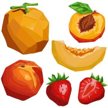 Isolated objects, bright geometric fruits vector set, gouache style triangl.. Stock Illustration