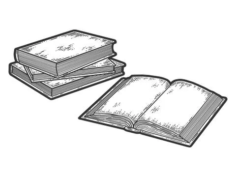 Isolated objects, set three books are stacked and open book sketch. Stock Illustration