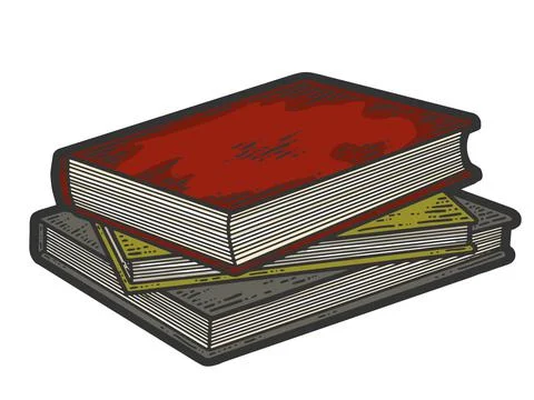 Isolated objects, three books are stacked. Sketch scratch board imitation color. Stock Illustration