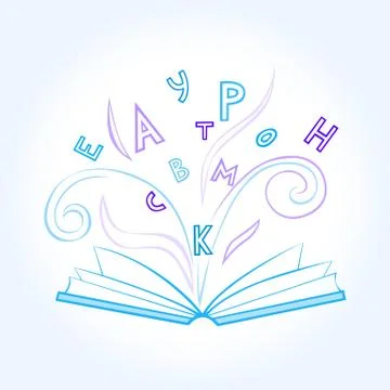 Isolated open blue book with flying colored letters on white blue background. Stock Illustration