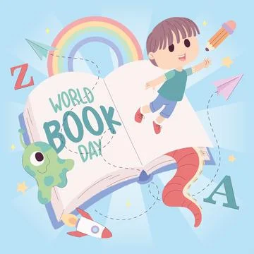 Isolated open book with sci fi icons and a cute boy World book day Vector Stock Illustration