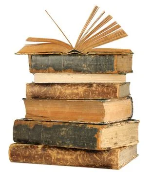 Isolated open book on top of old books stack Stock Photos