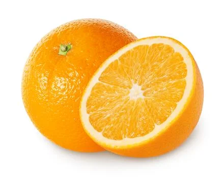 Isolated oranges. Orange fruit with half isolated on white, clipping path Stock Photos