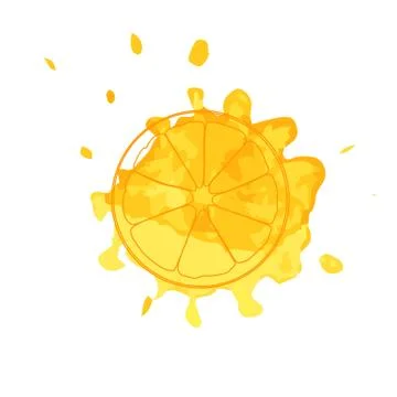 Isolated outline slice of orange on yellow watercolor spot of juice. Blot pri Stock Illustration