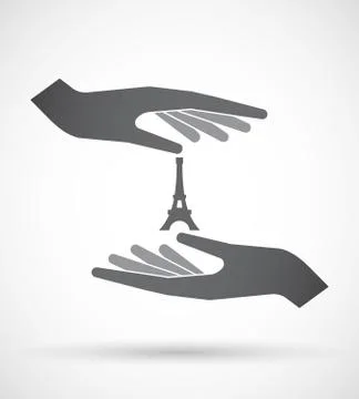 Isolated pair of hands protecting or giving   the Eiffel tower Ilustração Stock