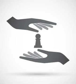 Isolated pair of hands protecting or giving a  pawn chess figure Ilustração Stock
