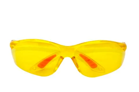 Isolated pair of yellow plastic protective glasses Stock Photos