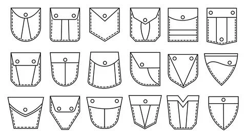 Isolated patch pockets templates. Denim pocket, jacket uniform patches seam 스톡 일러스트