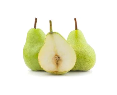 Isolated pears. One and a half green pear fruit an isolated on white backgrou Stock Photos