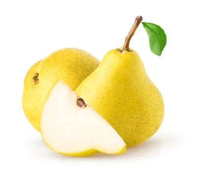 Isolated pears. Two pear fruit and a piece with leaf isolated on white Stock Photos