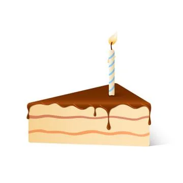 Isolated pie of birthday sponge cake with dark chocolate and candle light wit Stock Illustration
