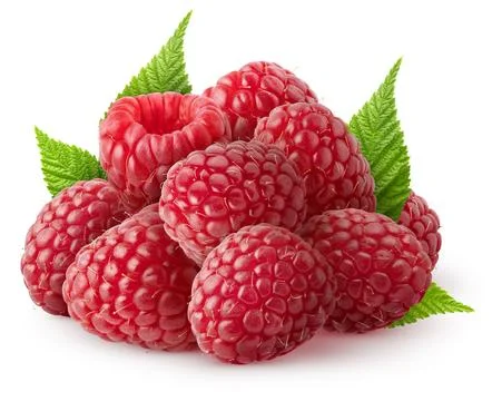 Isolated pile of berries. Group of raspberry fruits with leaves isolated on Stock Photos