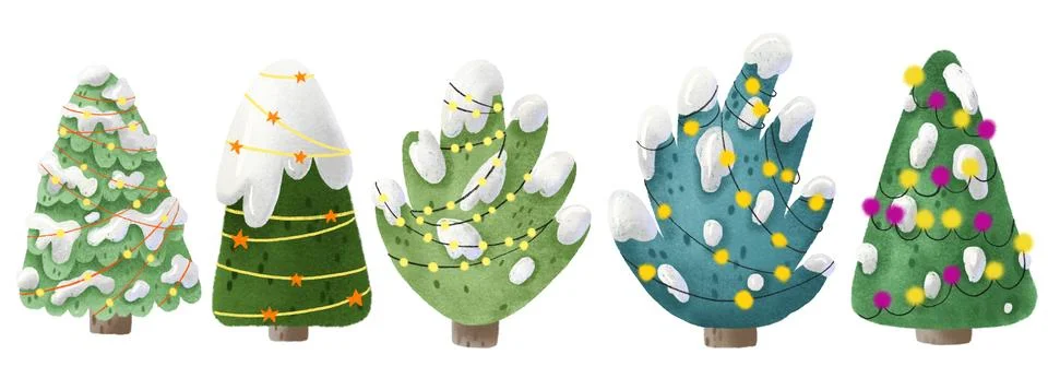 Isolated Pine tree with snow and bright garlands, yellow and pink lights, s.. Stock Illustration