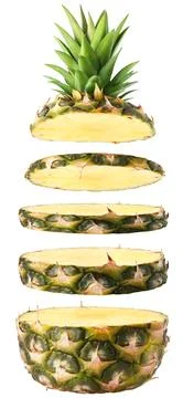 Isolated pineapple. Sliced falling pineapple fruit isolated on white background Stock Photos