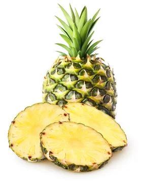 Isolated pineapple. Whole fresh pineapple fruit with slices isolated on white Stock Photos