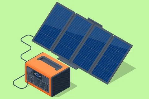 Isolated portable home battery designed for home backup and Portable Solar Panel Stock Illustration