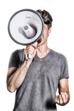 Isolated portrait of a man shouting using a megaphone Stock Photos