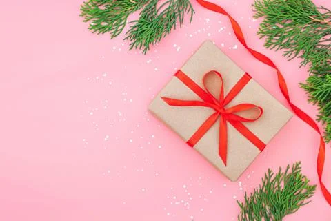 Isolated present or gift box in craft paper with red ribbon bow Stock Photos