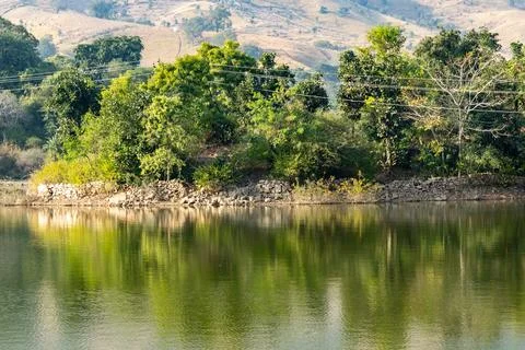 Isolated pristine lake with water reflection at morning from flat angle 写真素材