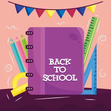 Isolated purple notebook with rules and colored pencils Back to school Vector Stock Illustration