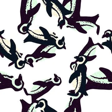Isolated random seamless pattern with doodle penguins silhoettes. White backr Stock Illustration