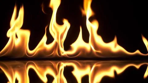 Isolated real fire on a mirrored surface, black background. Stock Photos