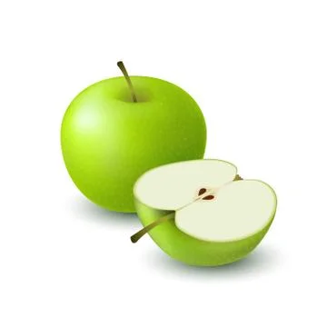 Isolated realistic colored green apple half and whole juicy fruit with shadow Stock Illustration