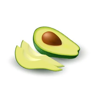 Isolated realistic colored half of juicy avocado with pit and slices with shadow Stock Illustration