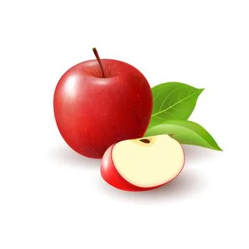Isolated realistic colored red apple slice and whole juicy fruit with green l Stock Illustration