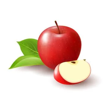 Isolated realistic colored red apple slice and whole juicy fruit with green l Stock Illustration