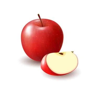 Isolated realistic colored red apple slice and whole juicy fruit with shadow  Stock Illustration