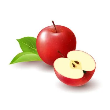 Isolated realistic colored red half apple and whole juicy fruit with green le Stock Illustration