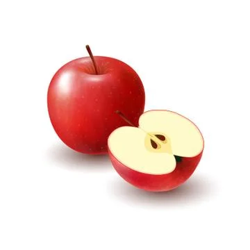 Isolated realistic colored red half apple and whole juicy fruit with shadow o Stock Illustration