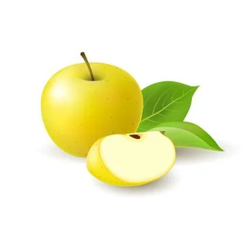 Isolated realistic colored yellow apple slice and whole juicy fruit with gree Stock Illustration