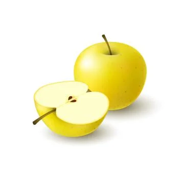 Isolated realistic colored yellow apple half and whole juicy fruit with shado Stock Illustration