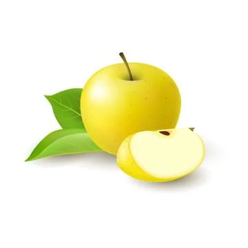 Isolated realistic colored yellow apple slice and whole juicy fruit with gree Stock Illustration
