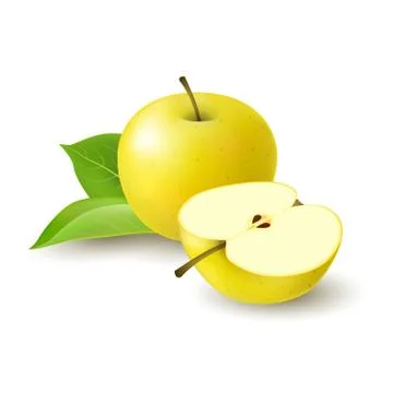 Isolated realistic colored yellow half apple and whole juicy fruit with green Stock Illustration
