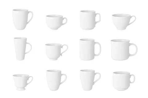 Isolated realistic white cup, drinking mug. 3d coffee cups, mugs mockup design Stock Illustration