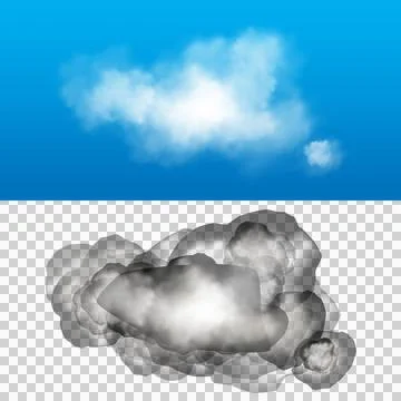 Isolated realistic white fluffy cloud graphic design element on blue backgr.. Ilustración de archivo