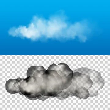 Isolated realistic white fluffy cloud on blue background and dark smoky clo.. Stock Illustration