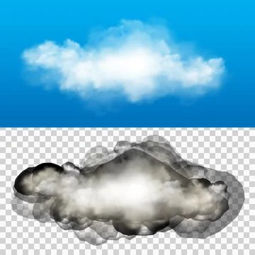 Isolated realistic white fluffy cloud set on blue sky and white background .. Ilustración de archivo