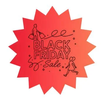 Isolated red burst star sticker graphic with Black Friday Sale text and shopper Stock Illustration