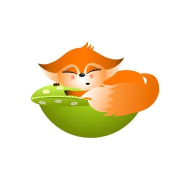Isolated red cartoon fox cub on white background. Sleeping on green pillow fr Stock Illustration