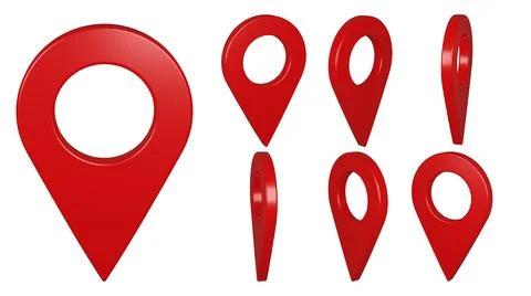 Isolated red map pointer set on white background. 3D rendering Illustration Illustrazione stock