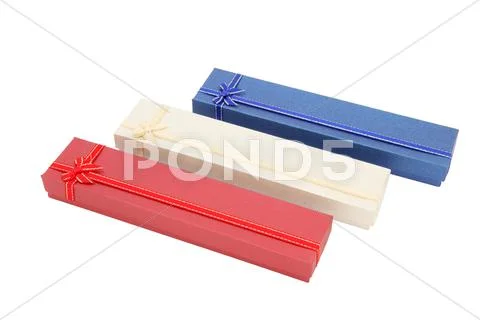 Isolated red white and blue holiday gift boxes Stock Photos