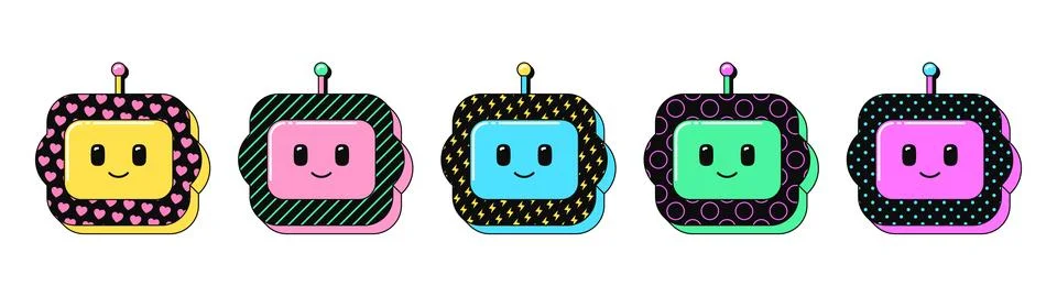 Isolated retro black bot icon set, vector stickers. Cute robot head, virtual  Stock Illustration