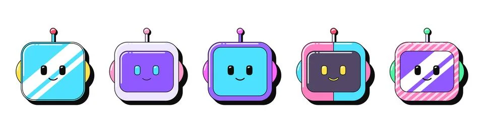 Isolated retro bot icon set, vector stickers. Cute robot head, virtual smar.. Stock Illustration